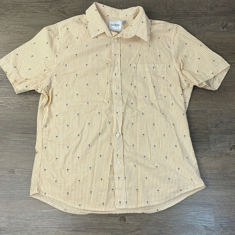 Goodfellow & Co Men’s Yellow White Striped Palm Tree Slim Fit Northrop Shirt, Lg